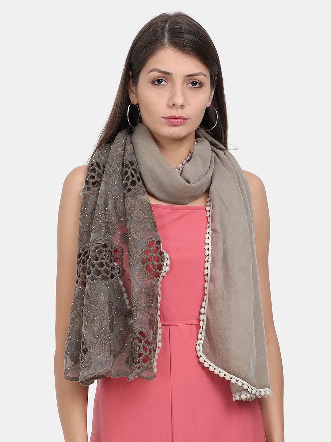 

FabSeasons Women Brown & White Embroidered Scarf