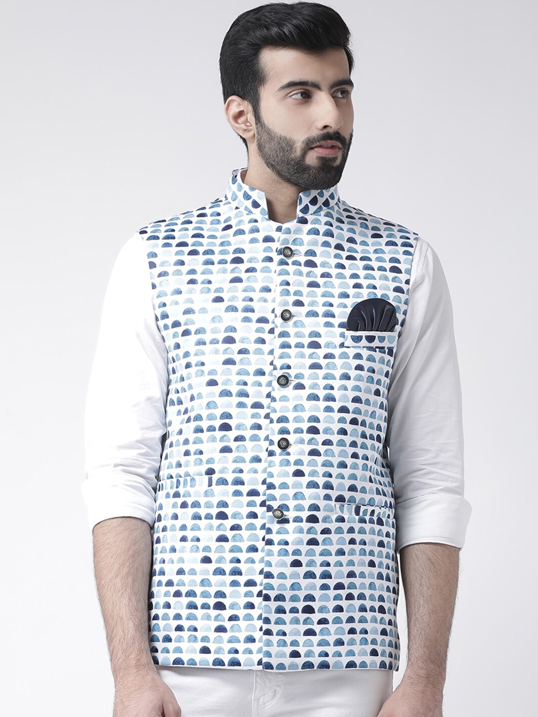 

Hangup Men Blue & White Printed Nehru Jacket