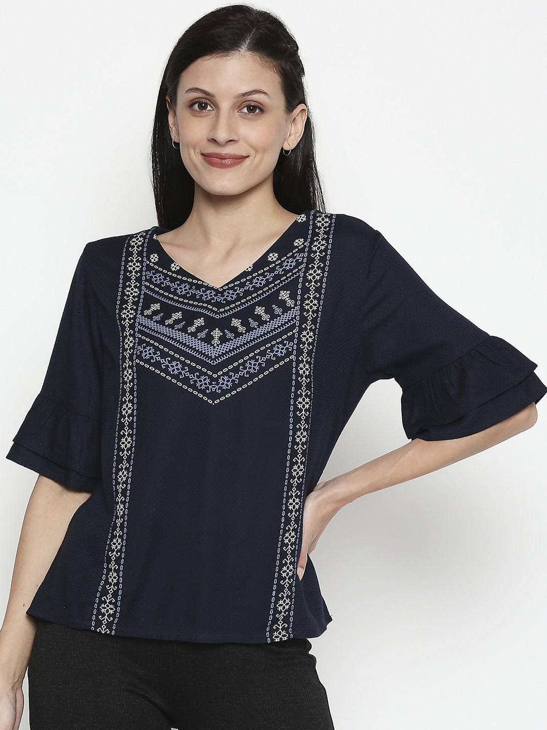

People Women Navy Blue Printed Top