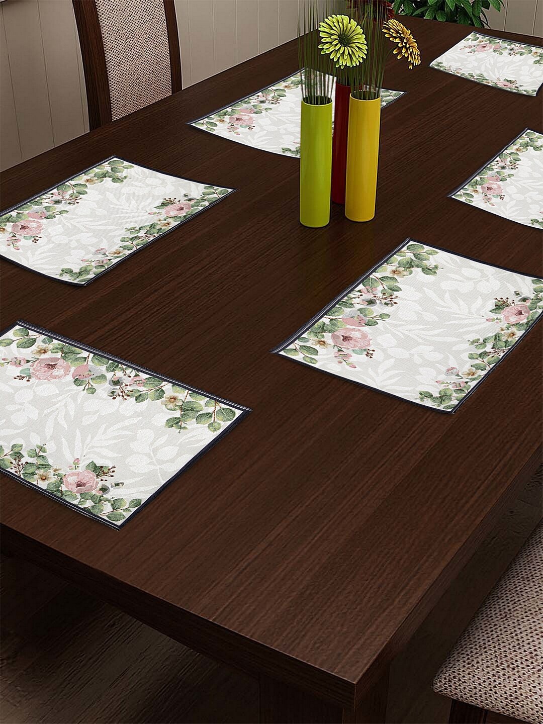 KLOTTHE Set Of 6 White & Green Woven-Design Table Placemats