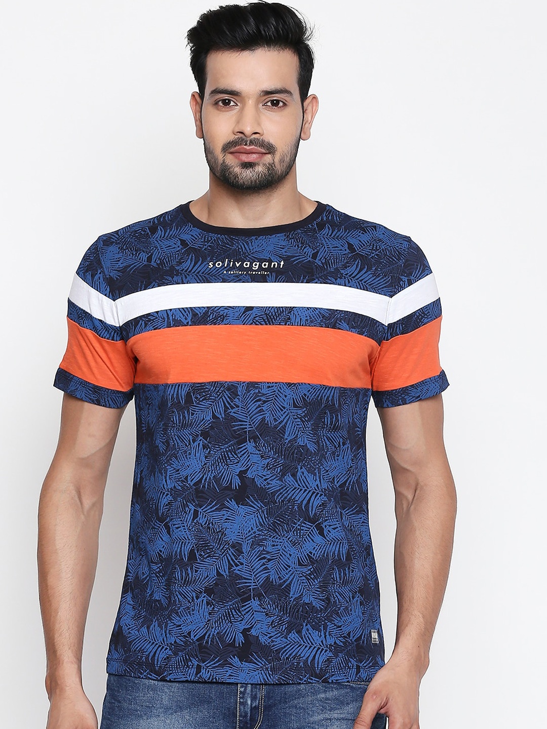 

Urban Ranger by pantaloons Men Blue Printed Round Neck Pure Cotton T-shirt