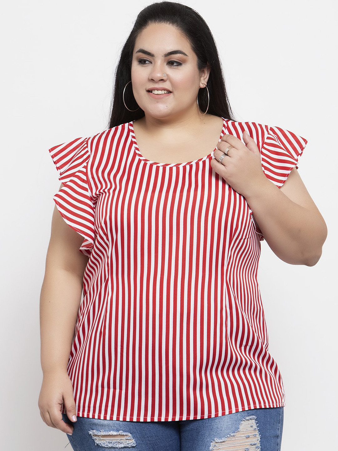 

Flambeur Women Plus Size Red & White Striped Top