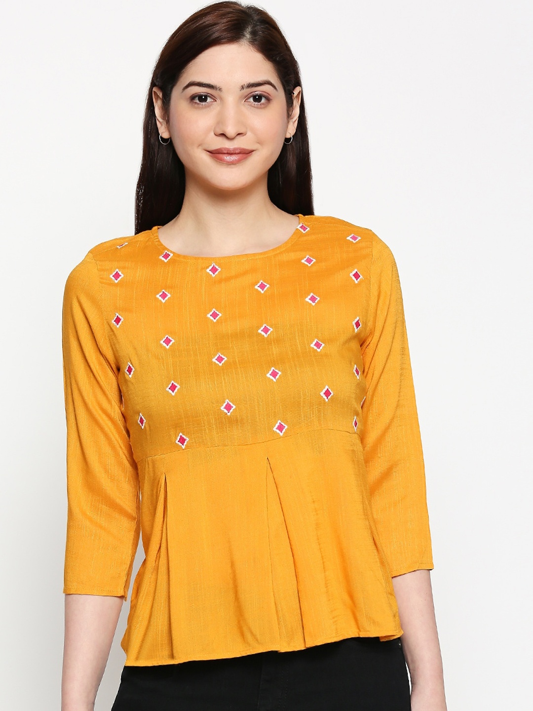 People Women Mustard Yellow Embroidered A-Line Top
