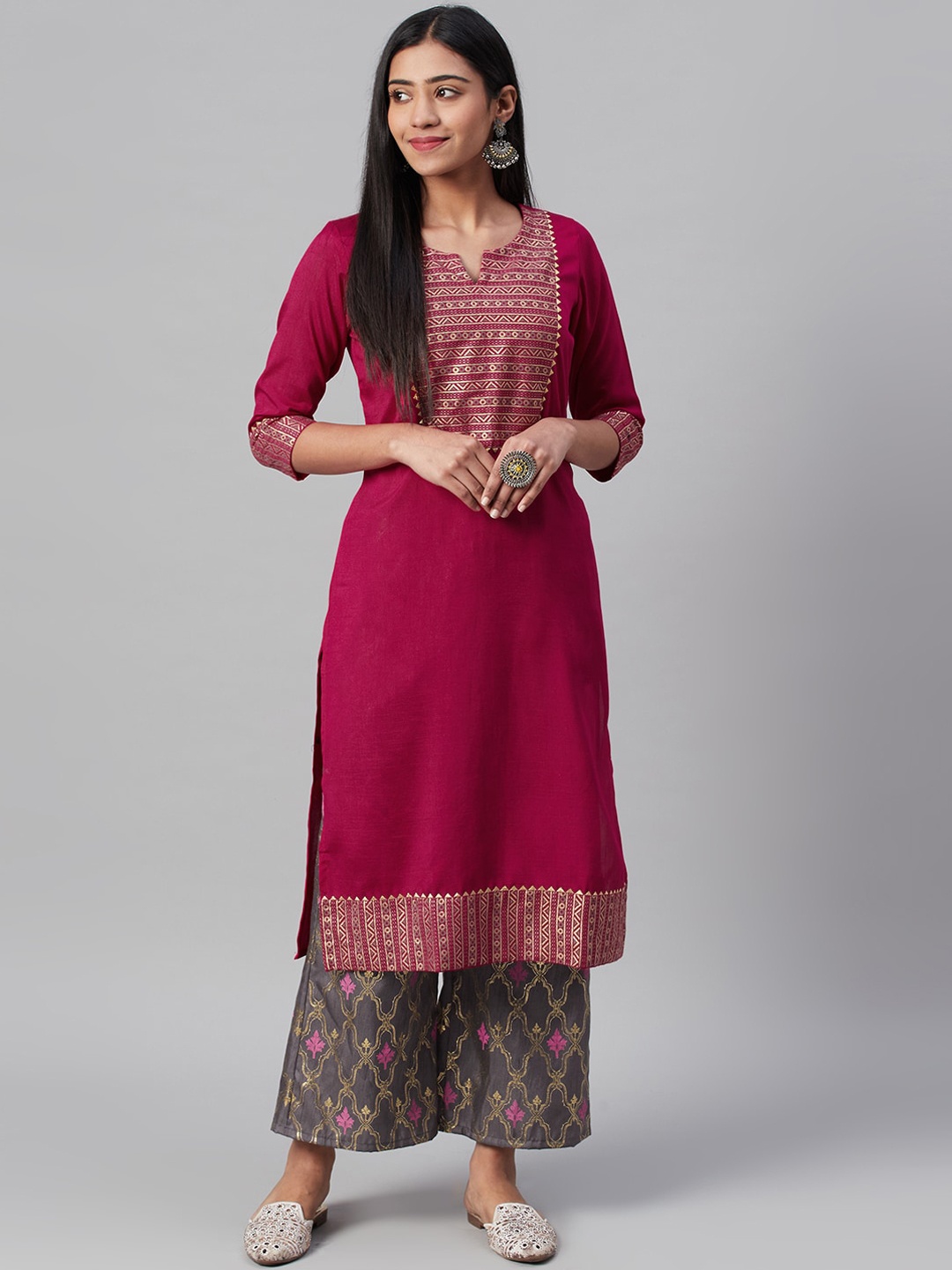 

ZIYAA Women Pink Yoke Design Straight Kurta