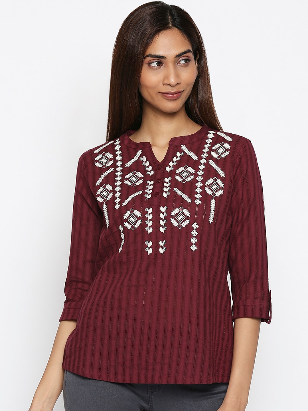 

People Women Maroon Printed Pure Cotton Top