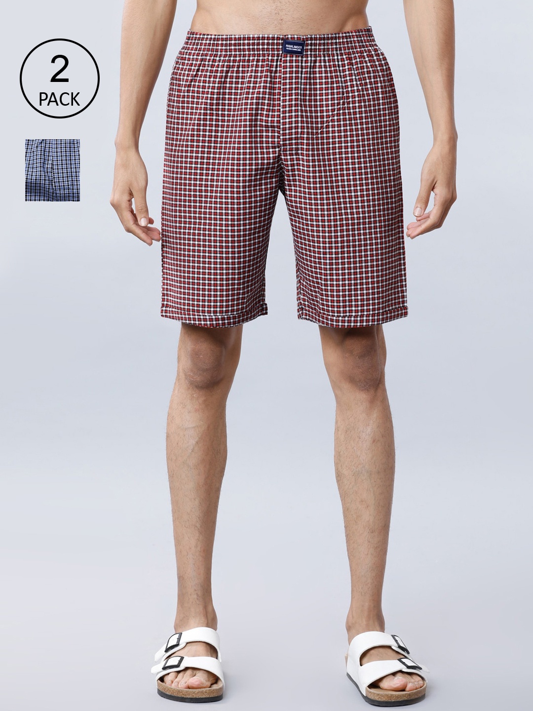 

HIGHLANDER Men Pack of 2 Blue & Red Checked Lounge Shorts