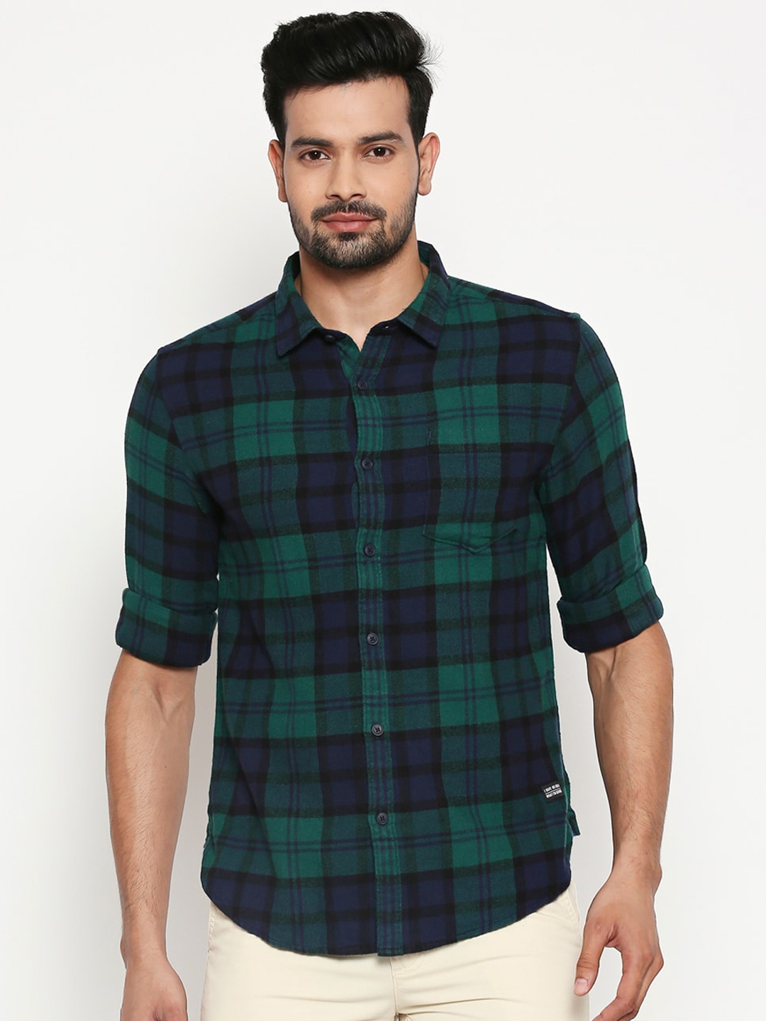 

People Men Green & Blue Slim Fit Checked Cotton Casual Shirt