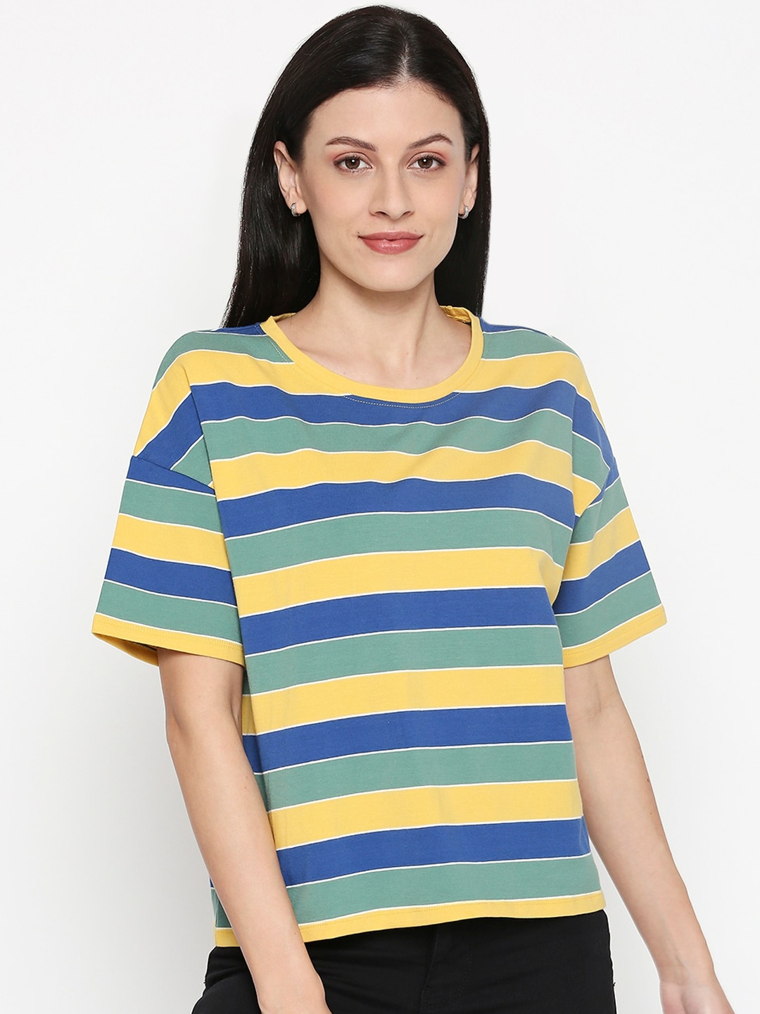 

People Women Yellow & Blue Striped Pure Cotton Top