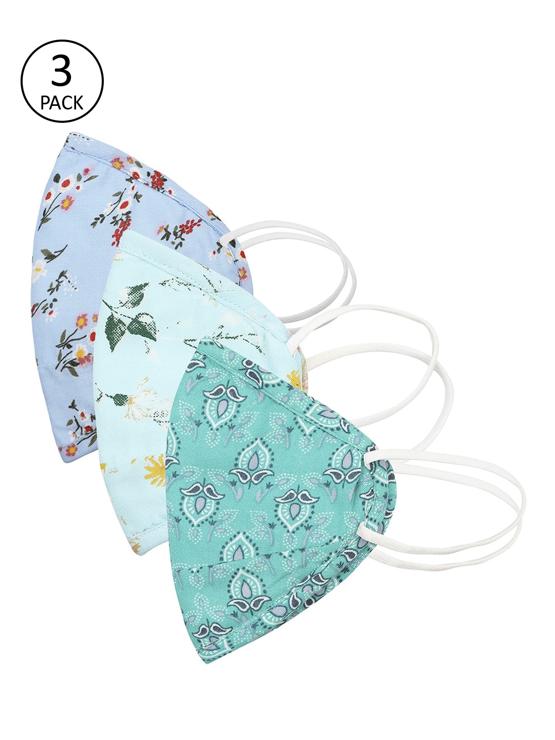 

EMAHO Women Pack of 3 Printed 3-Ply Reusable Cloth Masks, Blue