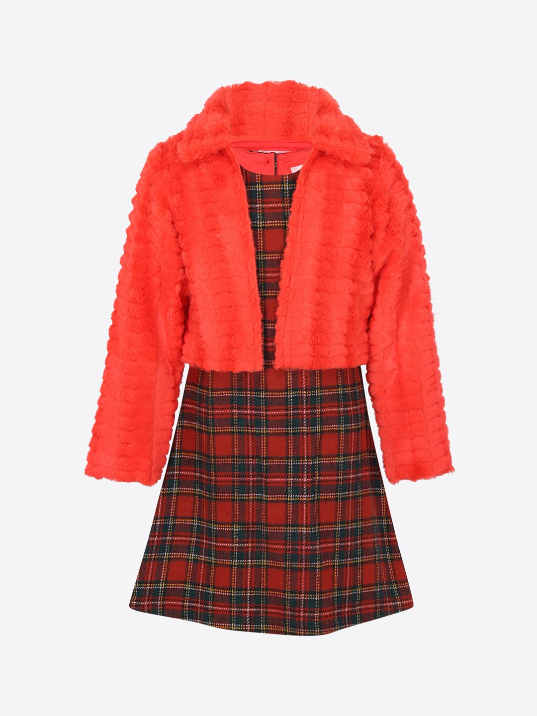 

CUTECUMBER Girls Orange Checked A-Line Dress with Shrug