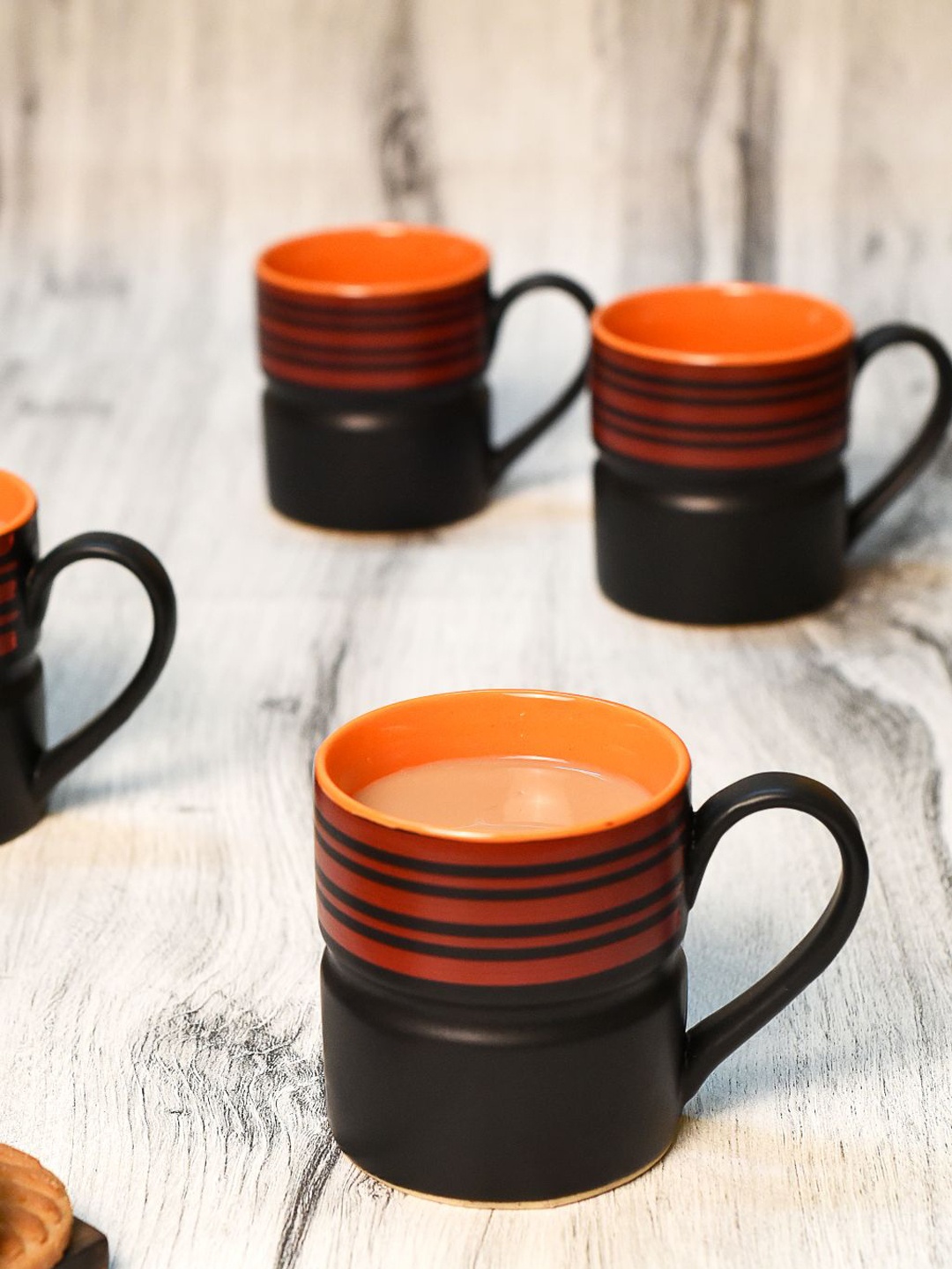 

Unravel India Set Of 6 Black & Orange Striped Handcrafted Mugs