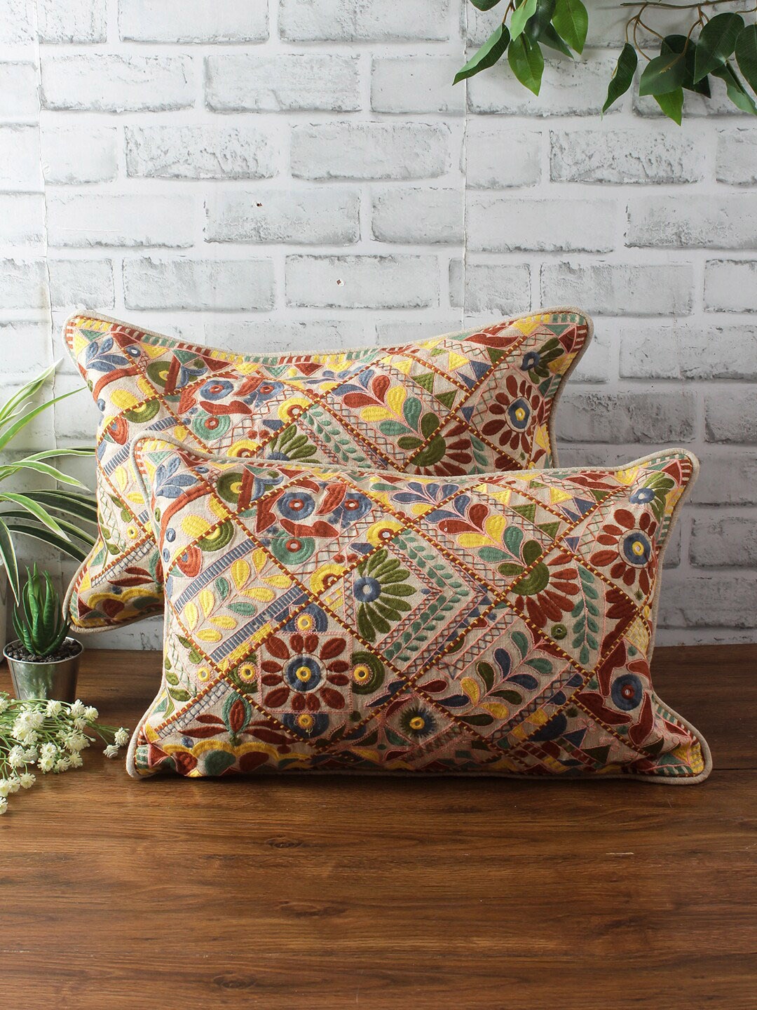

eyda Set of 2 Beige & Red Embroidered Rectangular Sustainable Cushion Covers
