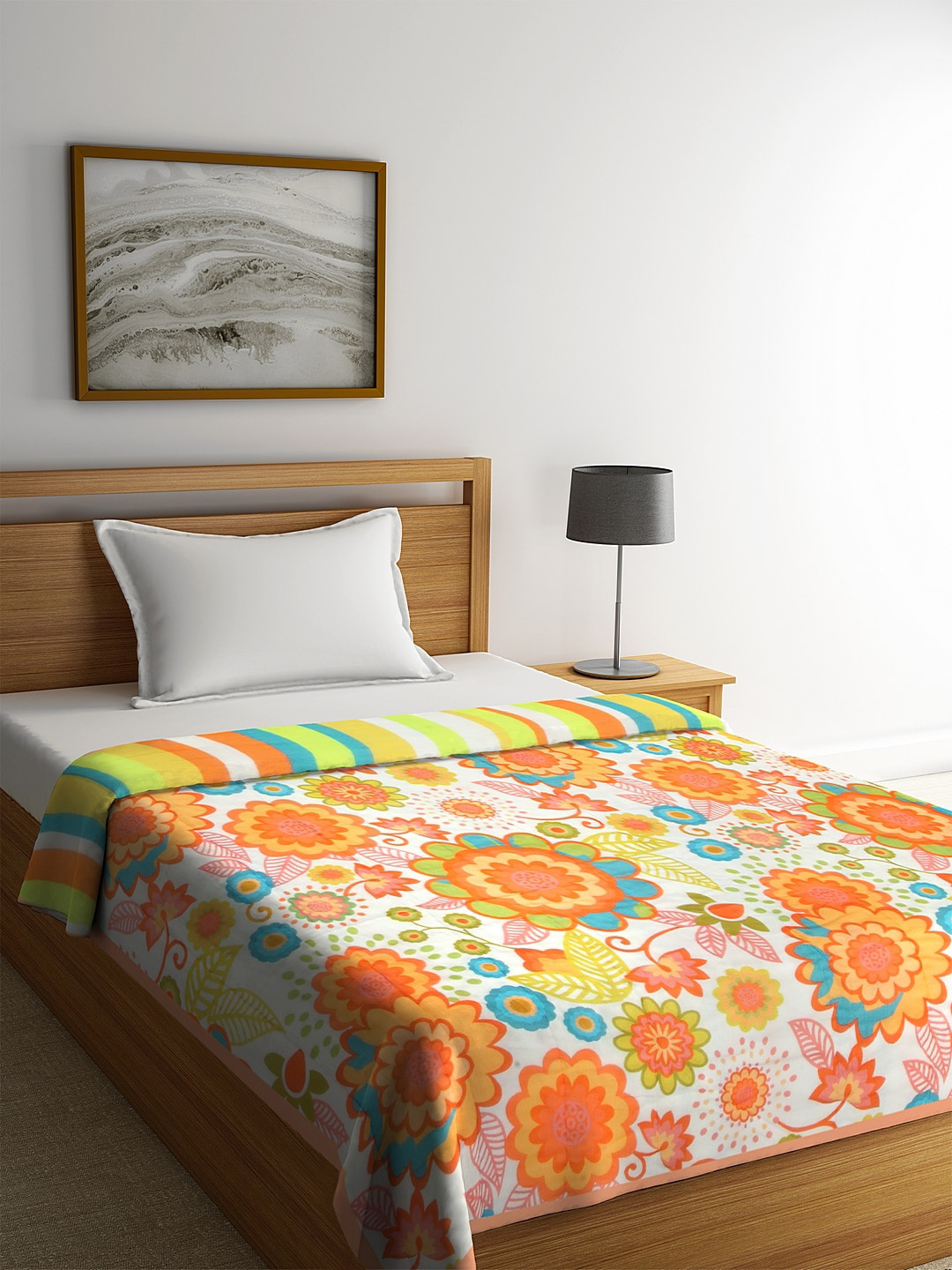 

REME White & Orange Digital Floral Printed Organic-Cotton Heavy Winter 150 GSM Sustainable Single Bed Quilt