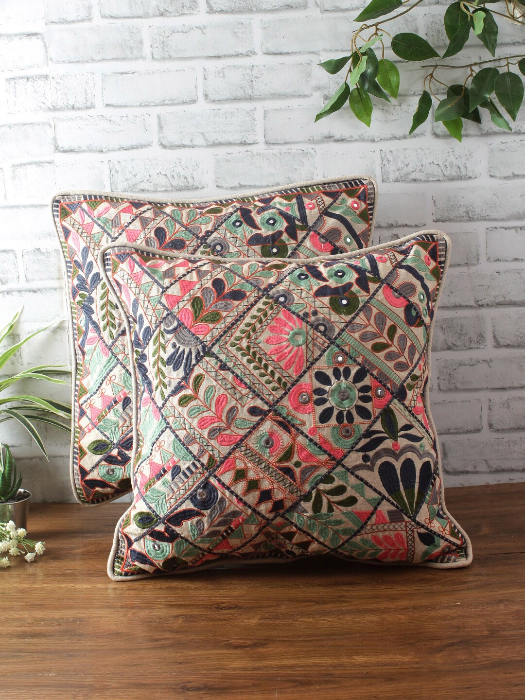

eyda Beige & Pink Set of 2 Embroidered Sustainable Cushion Covers