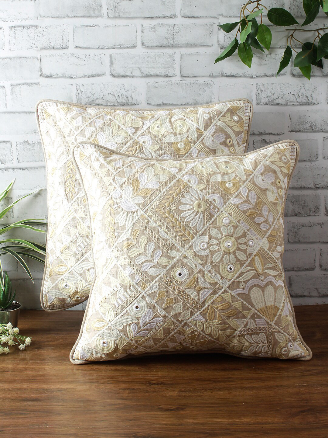 

eyda Set Of 2 Beige & Off-White Embroidered Sustainable Square Cushion Covers