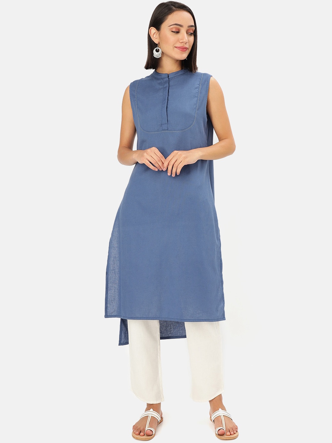 Saaki Women Blue Solid Straight Kurta