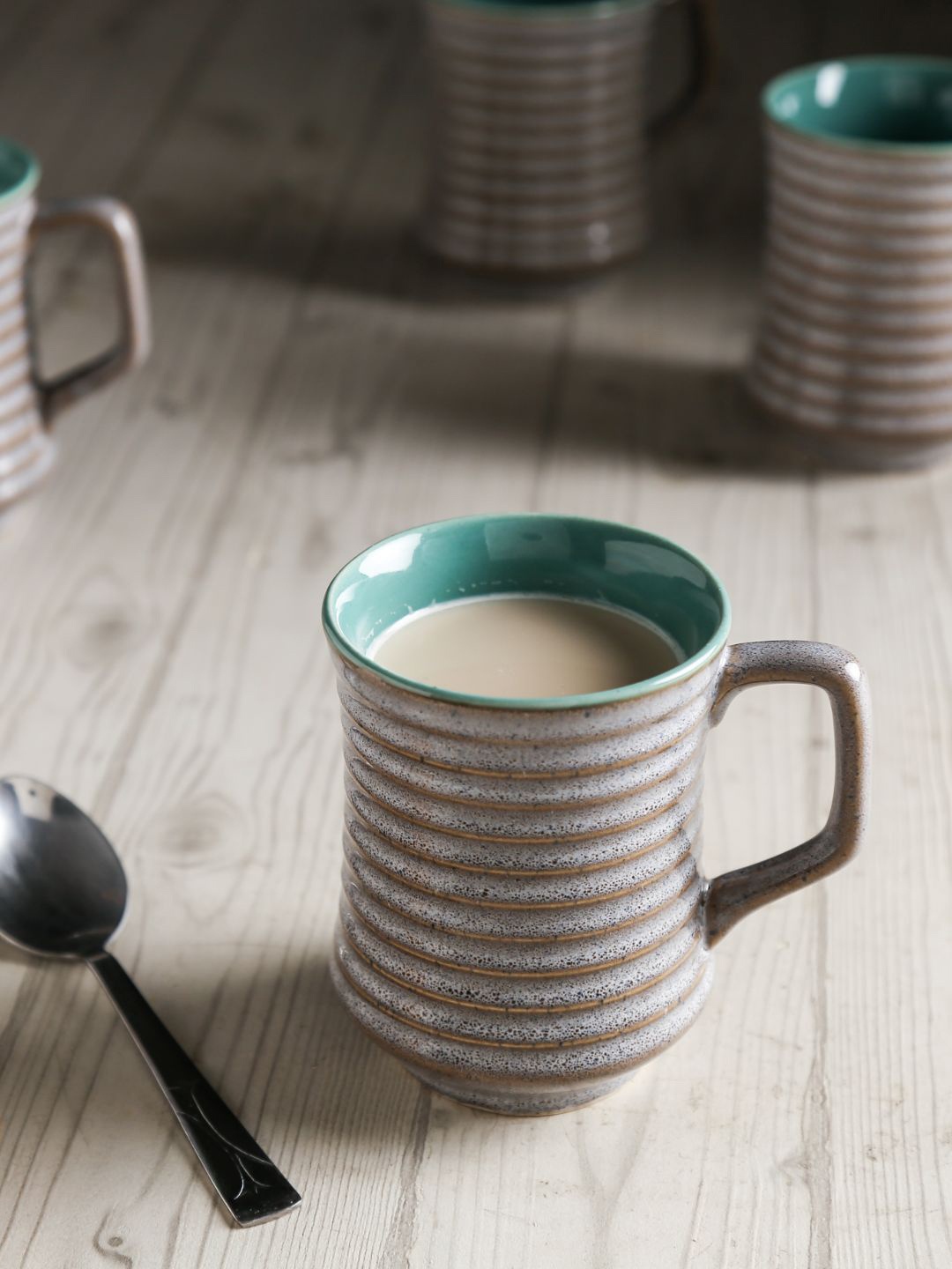 

Unravel India Unisex Set Of 6 Grey & Sea Green Handcrafted Printed Mugs
