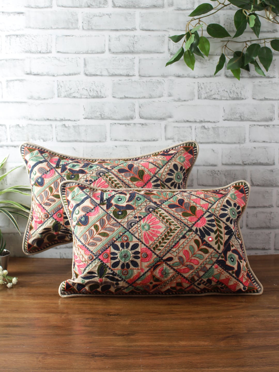 

eyda Set of 2 Pink & Grey Embroidered Rectangle Sustainable Cushion Covers