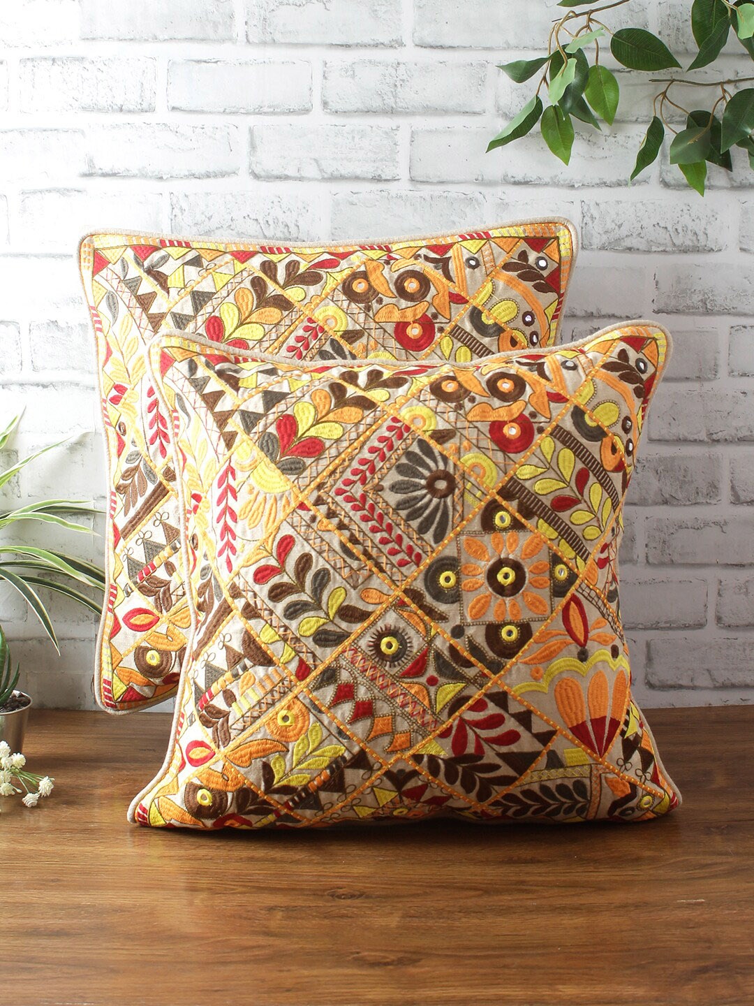 

eyda Set Of 2 White & Brown Embroidered Square Sustainable Cushion Covers