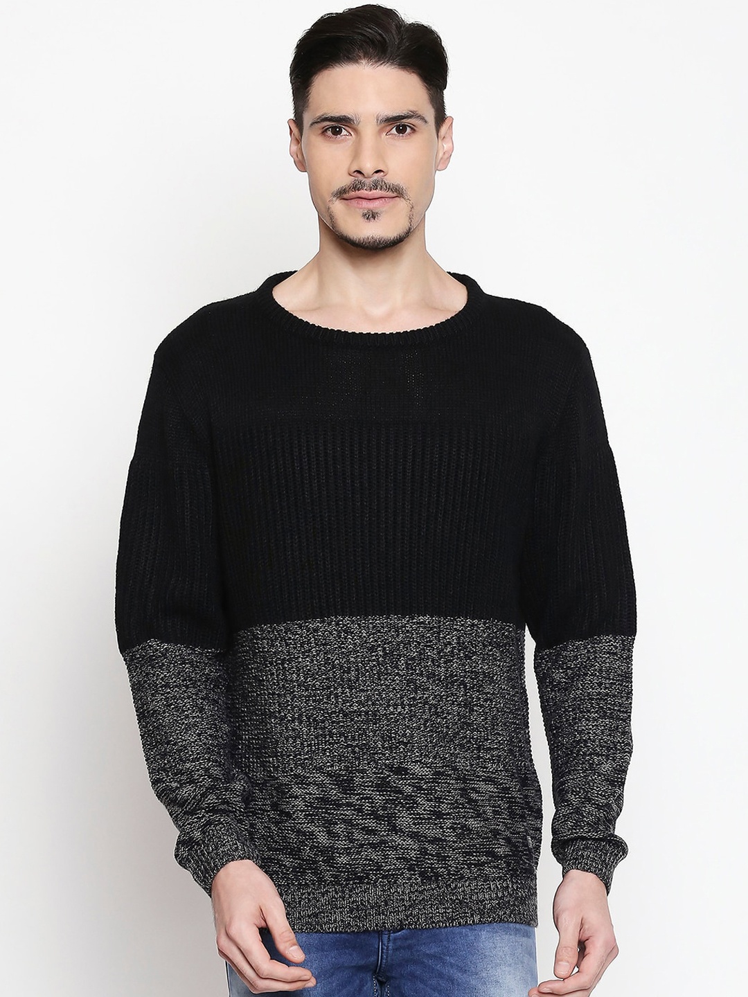 

Mufti Men Black & Grey Colourblocked Acrylic Pullover Sweater
