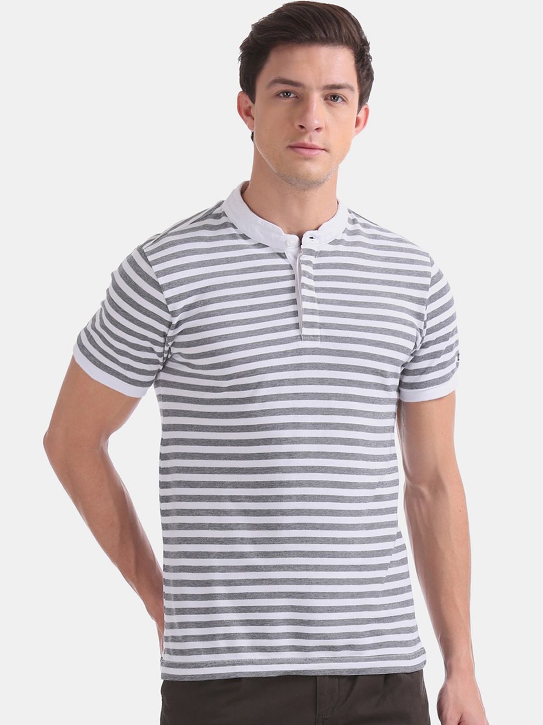 

Arrow Sport Men White Grey Striped Henley Neck Pure Cotton T-shirt