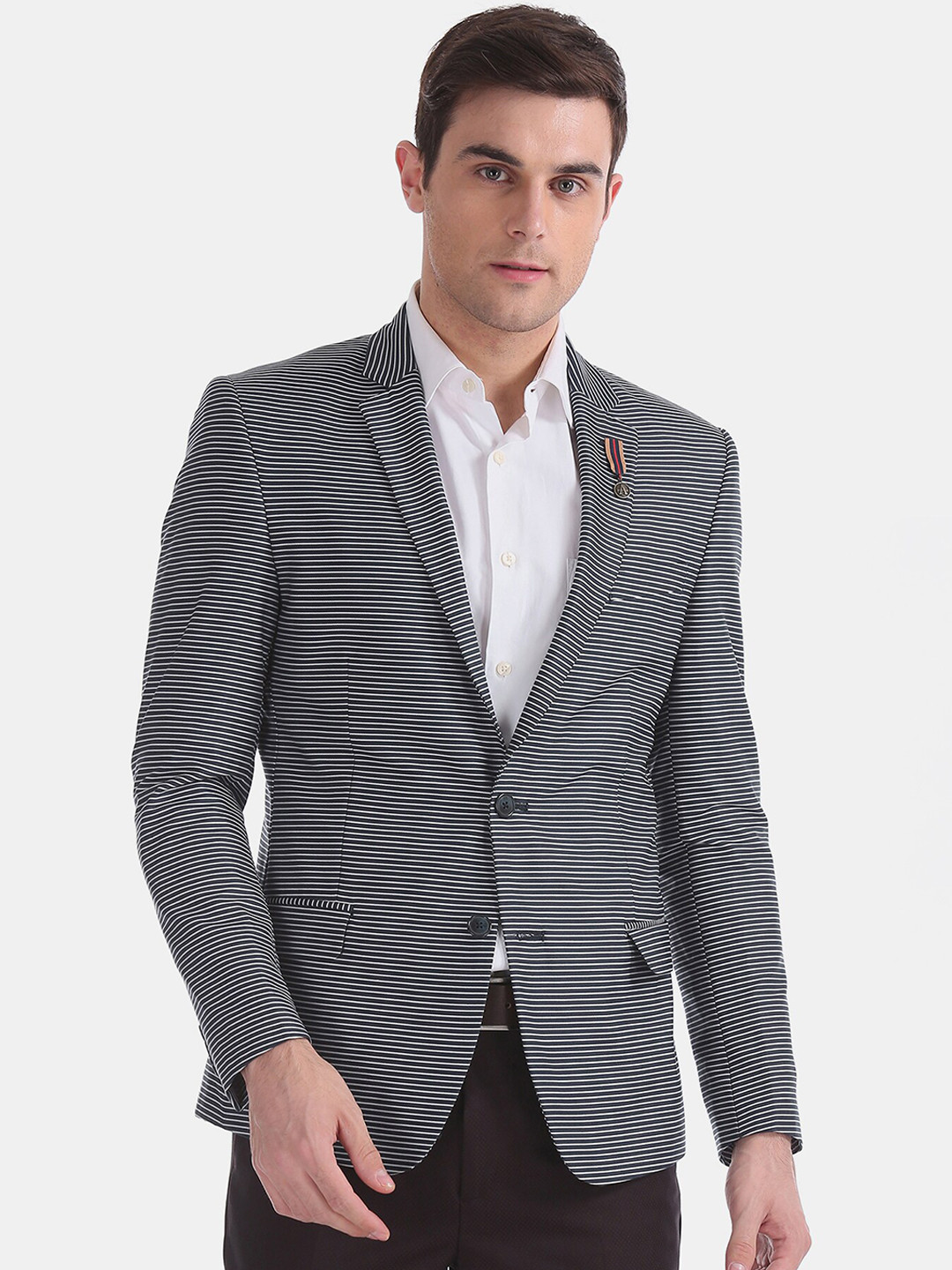 

Arrow Sport Men Navy Blue & White Striped Single-Breasted Blazer