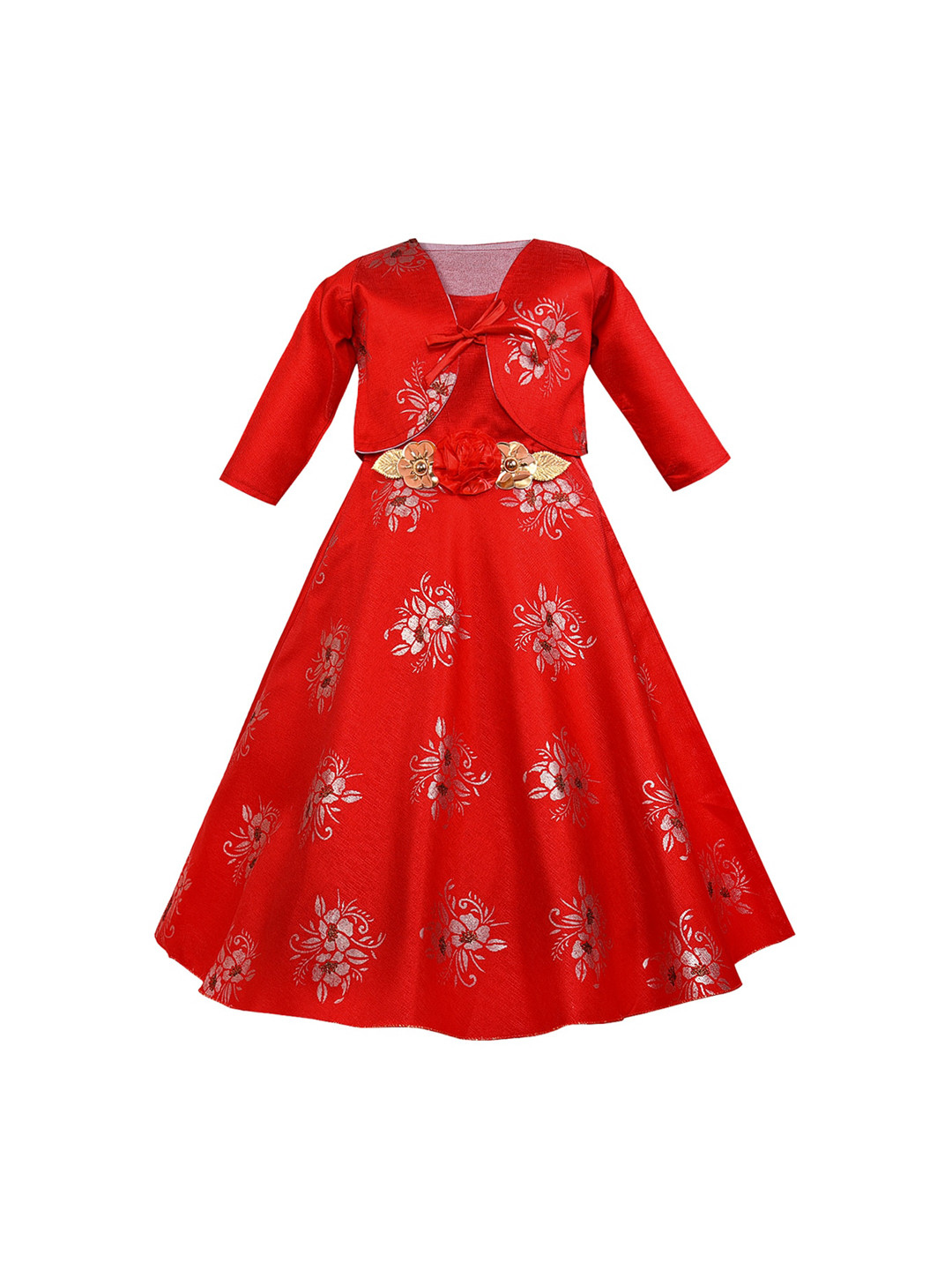 

Wish Karo Girls Red & Grey Floral Printed Maxi Dress