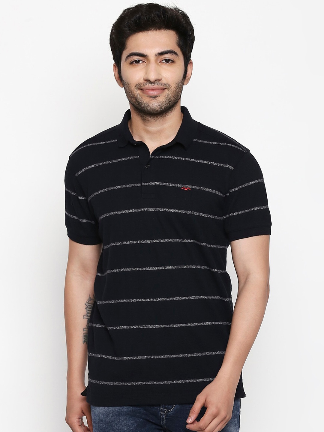 

Mufti Men Black Striped Polo Collar T-shirt