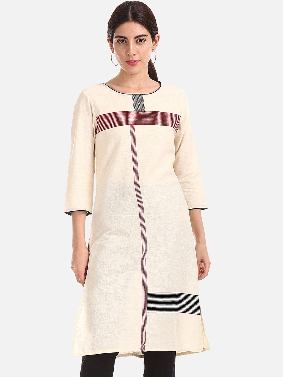 Karigari Women Cream-Coloured & Maroon Yoke Design A-Line Kurta