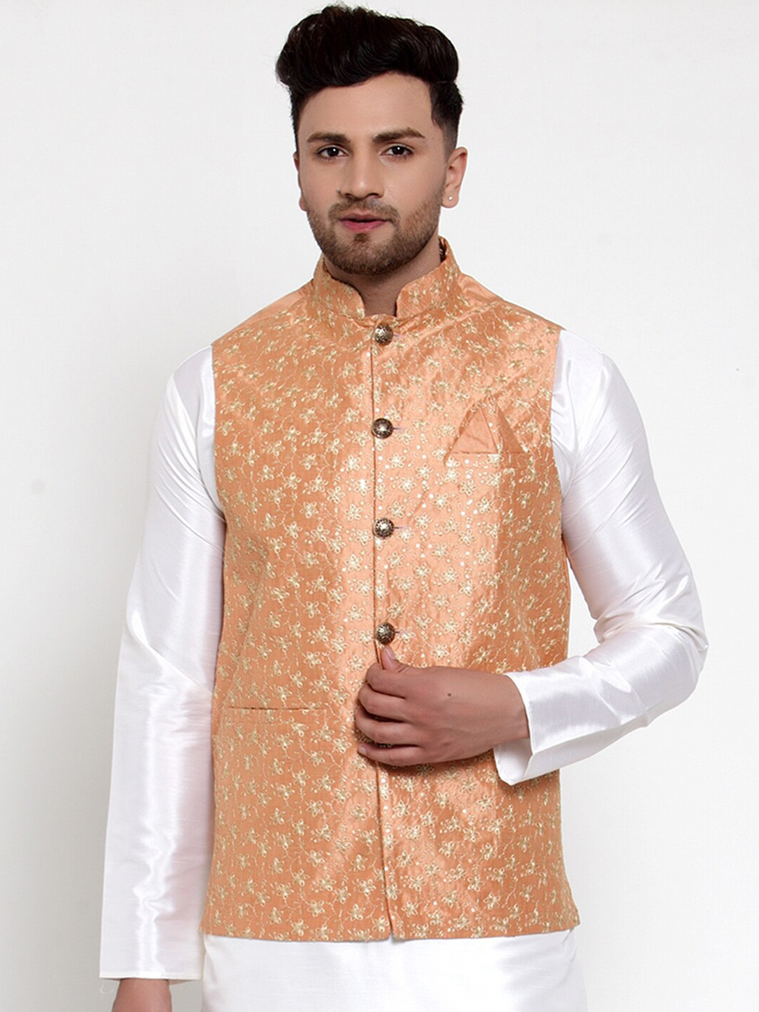 

Jompers Men Peach-Coloured Embroidered Regular Fit Nehru Jacket