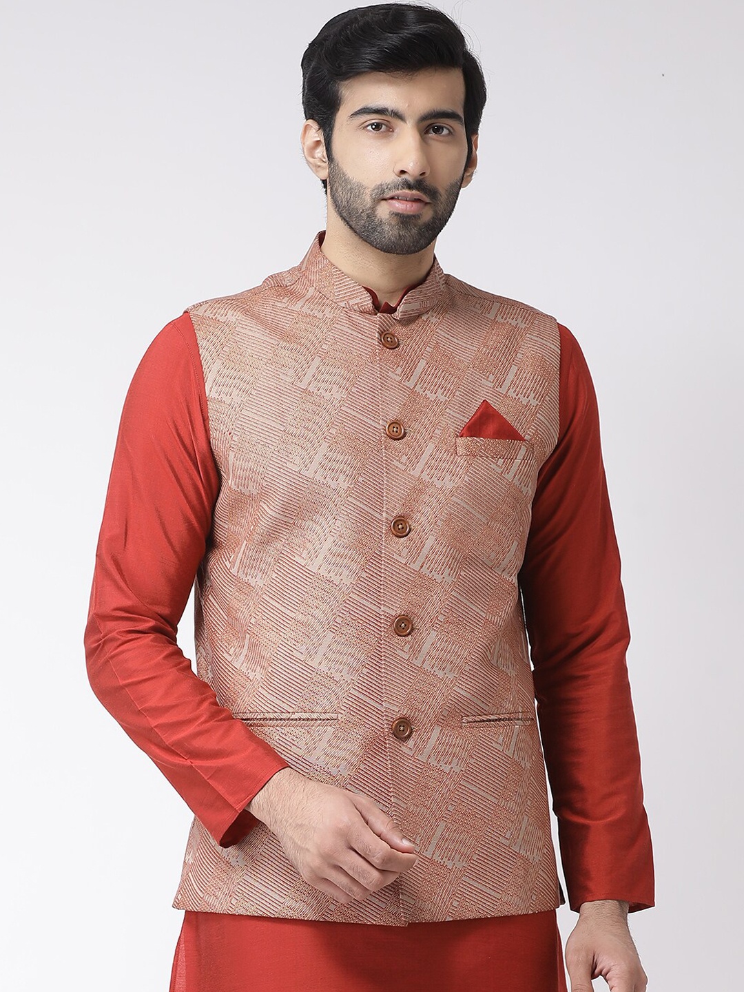 

Vartah Men Brown Printed Highly-Absorbent Nehru Jacket With Pocket Square
