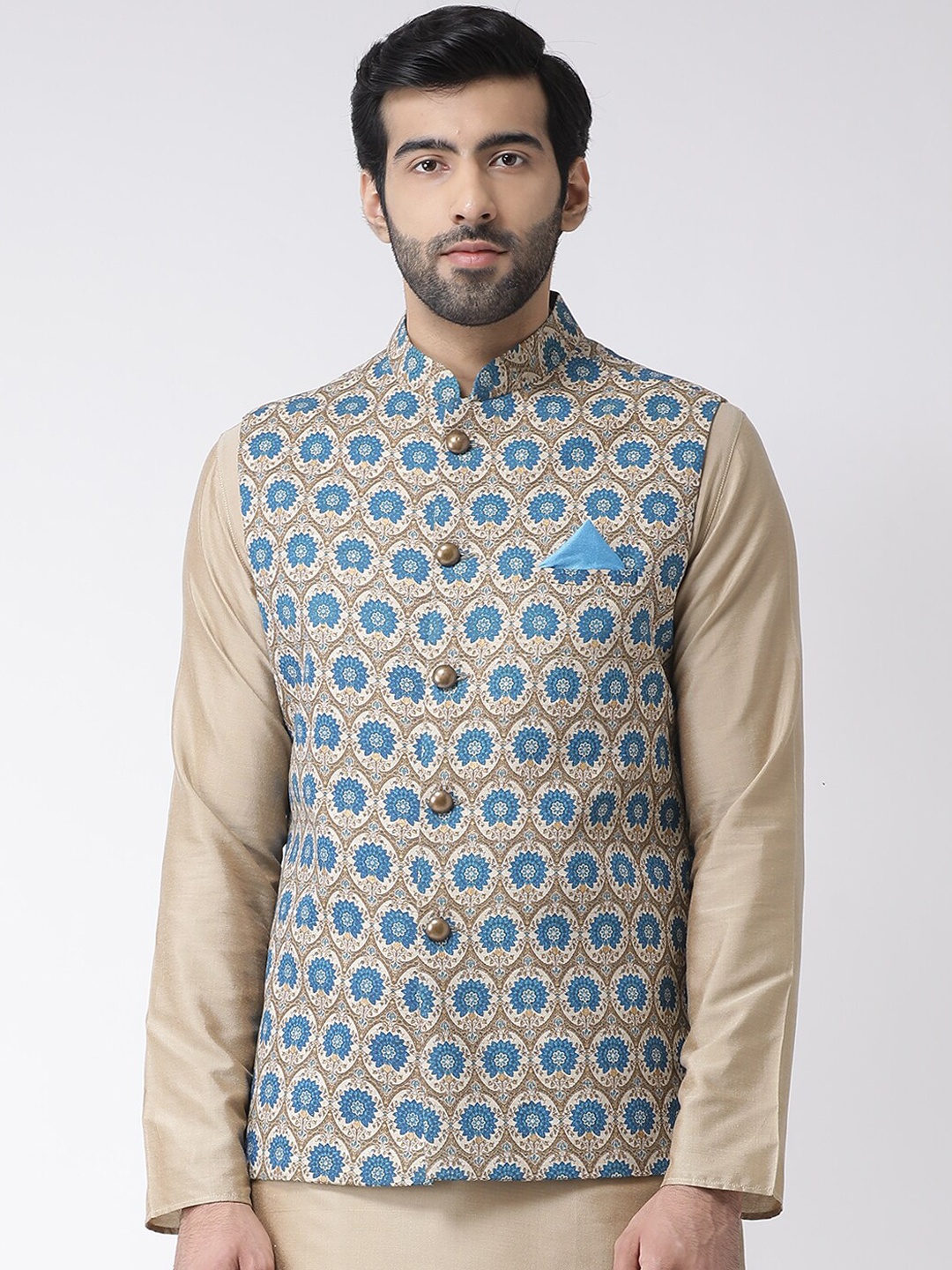 

Vartah Men Beige & Blue Printed Pure Cotton Nehru Jacket