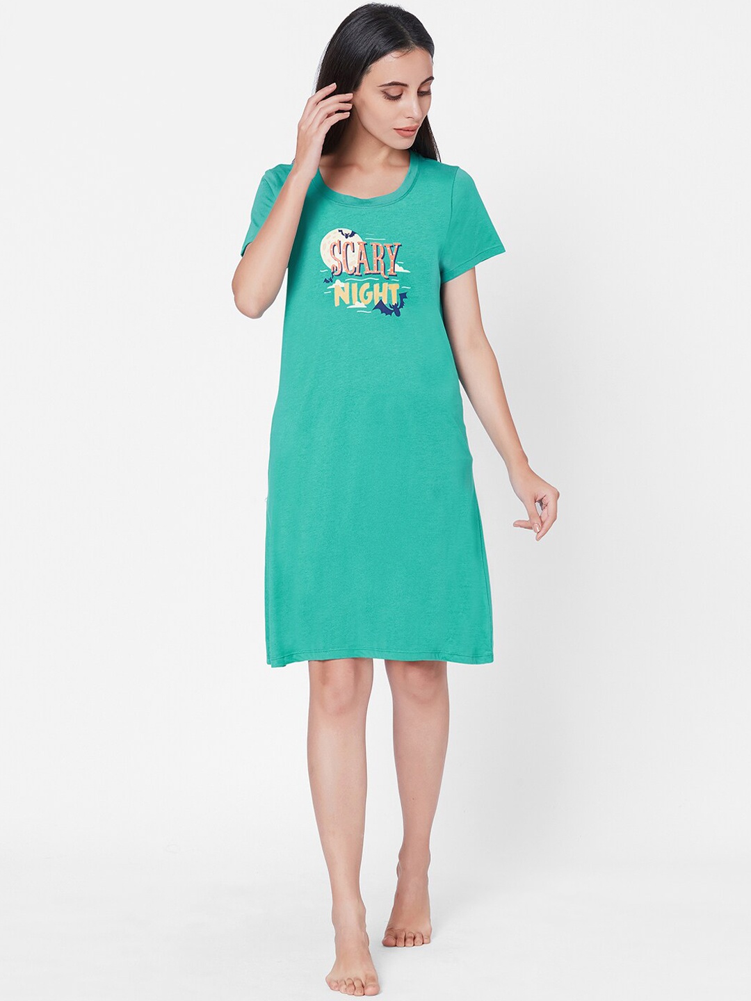 

Soie Women Teal Green Printed Sleep Shirt