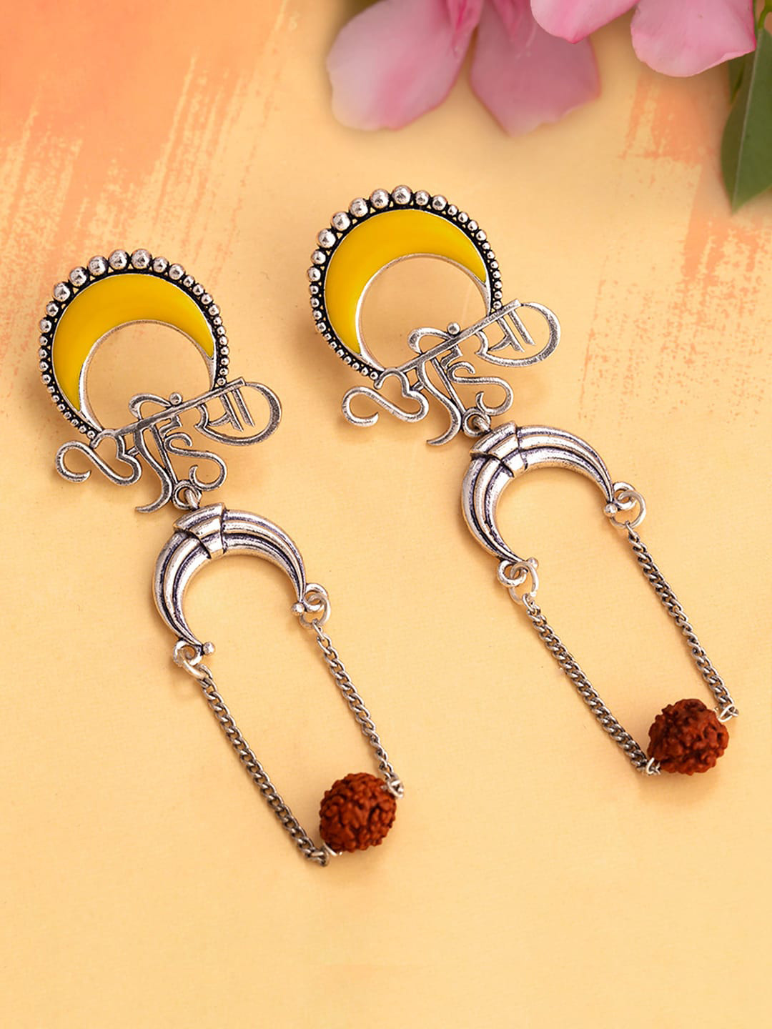 

Voylla Silver-Toned & Yellow Geometric Drop Earrings