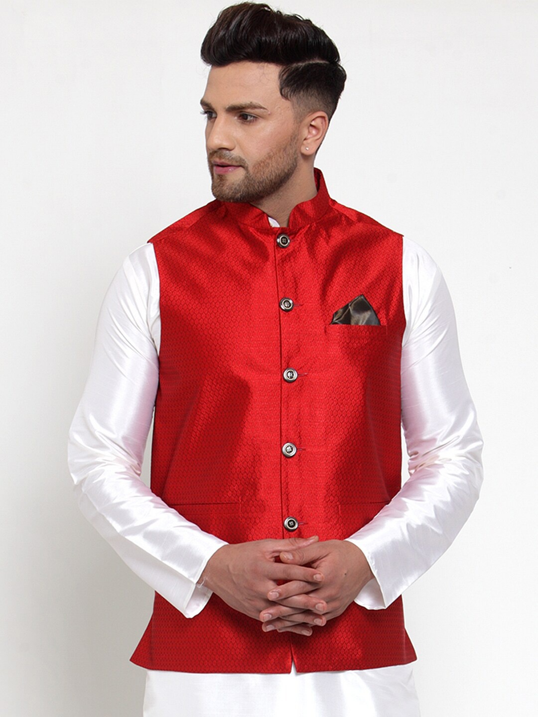 Jompers Men Maroon Woven Design Nehru Jacket