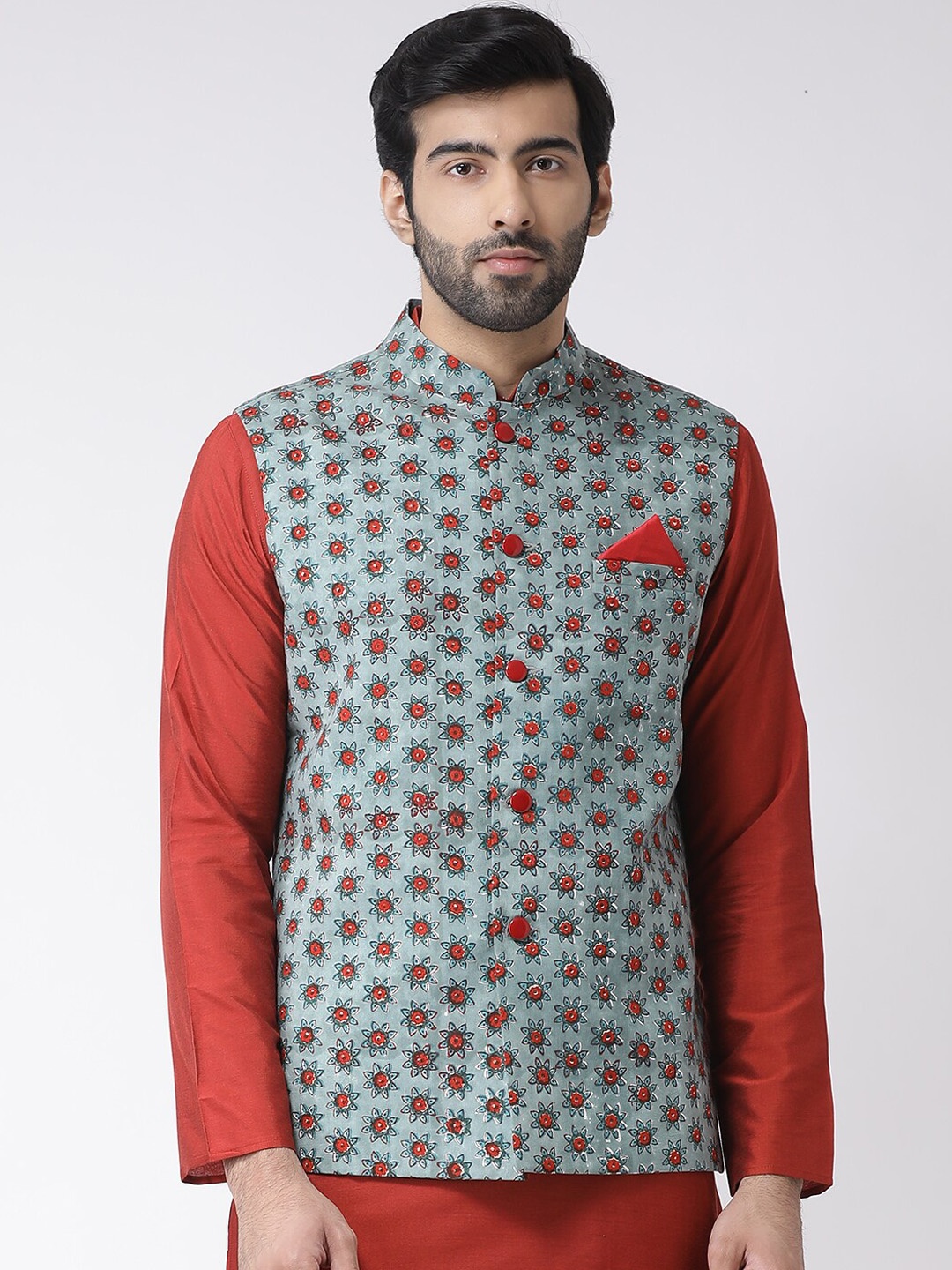 

Vartah Men Blue & Red Floral Printed Woven Pure Cotton Nehru Jacket