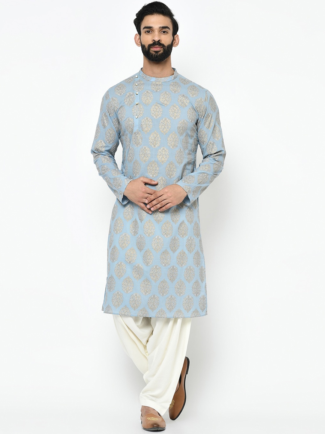 

Vartah Men Blue & White Woven Design Straight Kurta