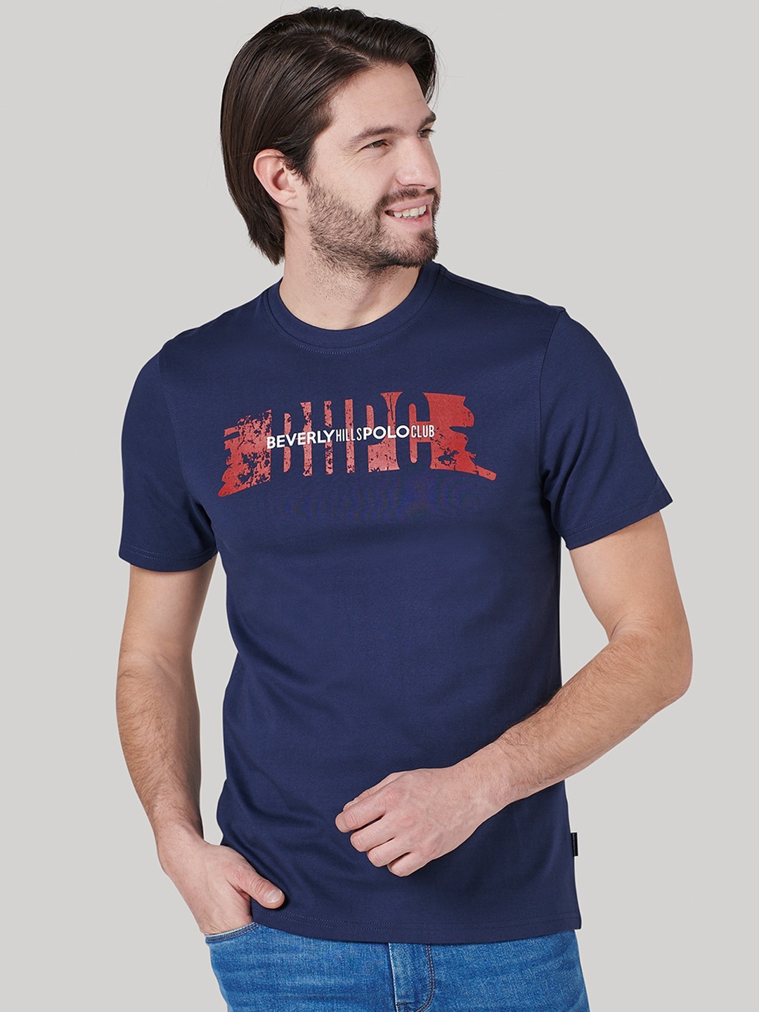 

Beverly Hills Polo Club Men Navy Blue Printed Round Neck T-shirt