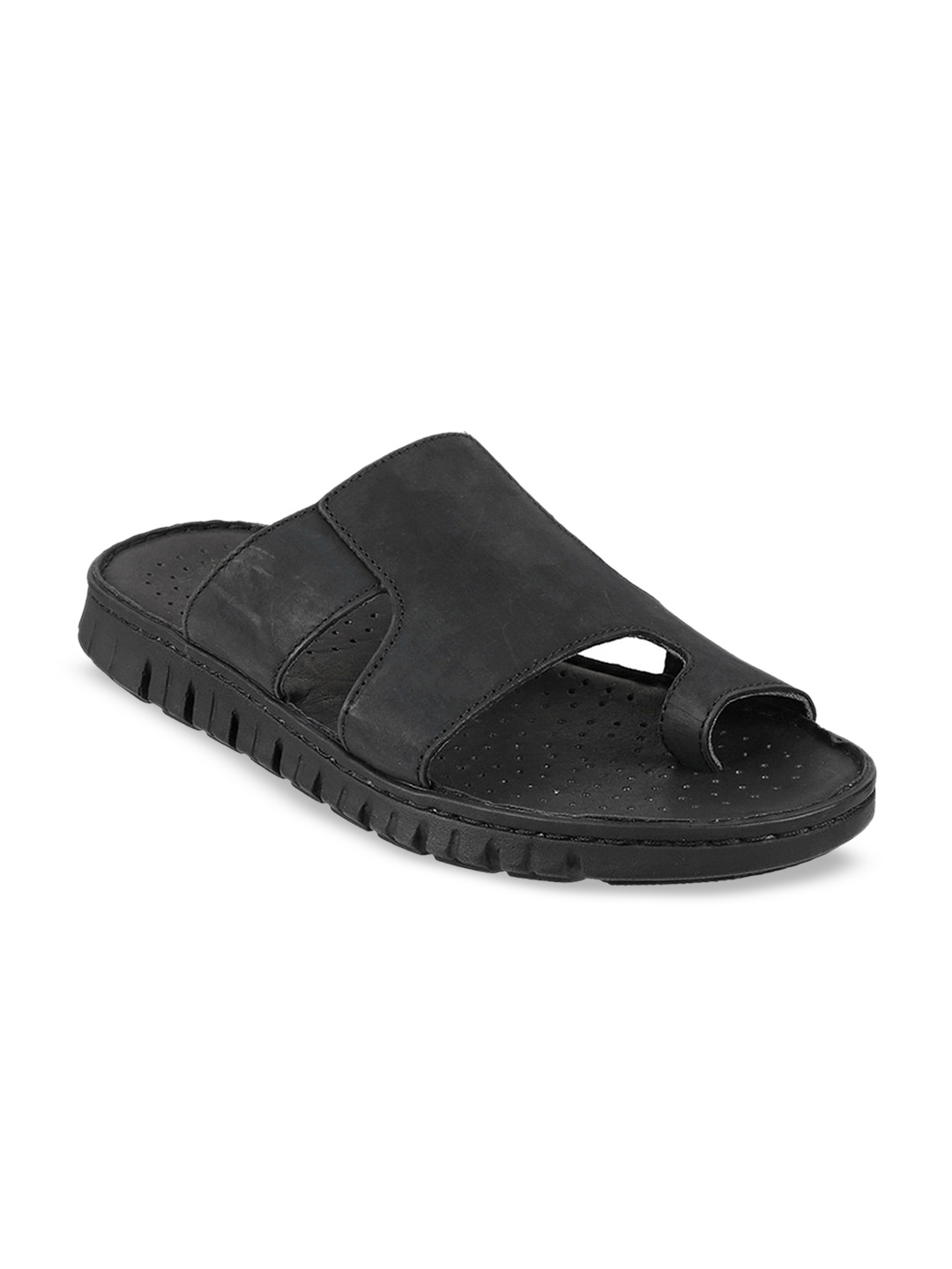 

Metro Men Black Solid Leather Comfort Sandals
