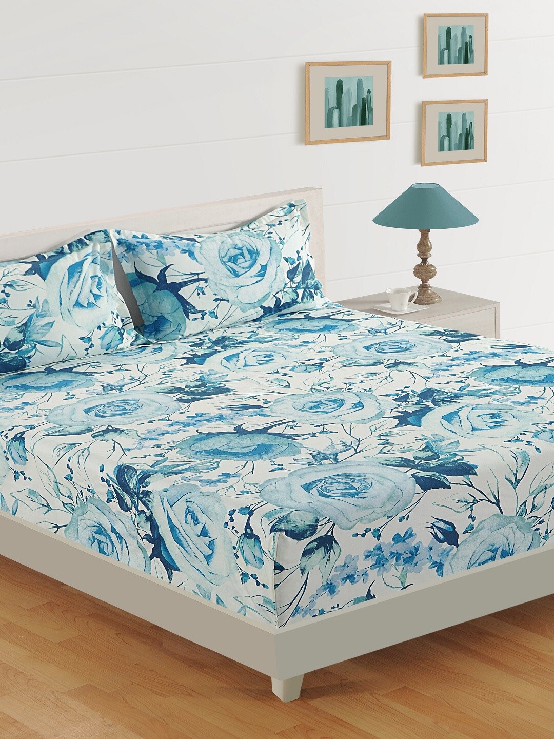 

SWAYAM Blue & White Floral- Print 200 TC Double Bedsheet with 2 Pillow Covers