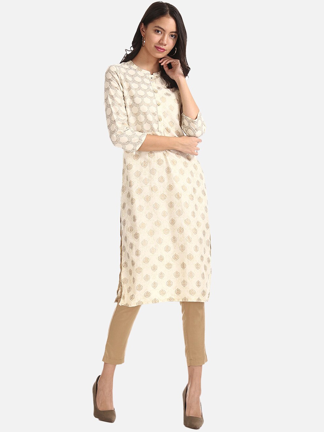 

Karigari Women Cream-Coloured Printed Straight Kurta
