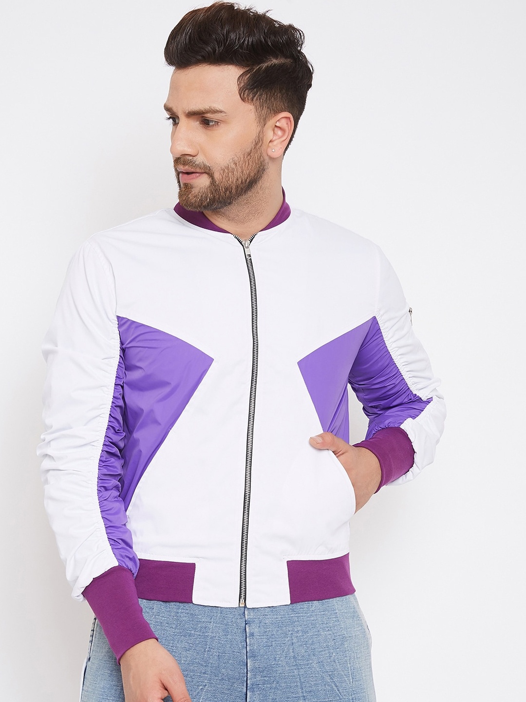 

FUGAZEE Men White & Purple Colourblocked Lightweight Bomber