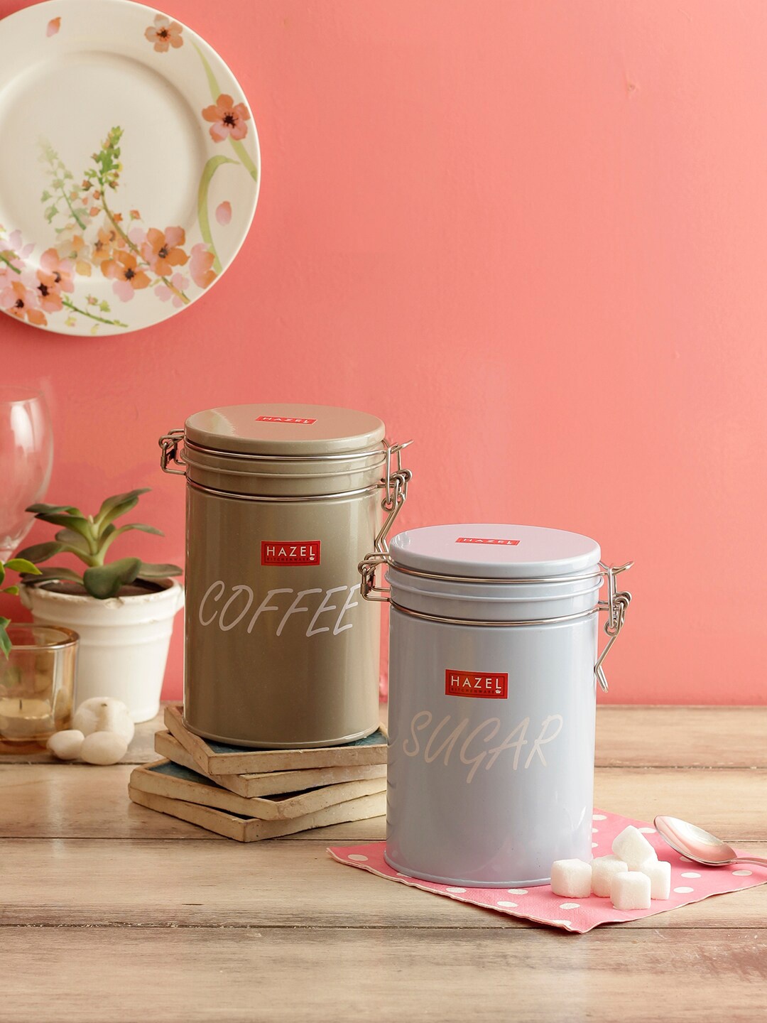 HAZEL Set Of 2 Blue & Brown Round Sugar Coffee Storage Canister Containers