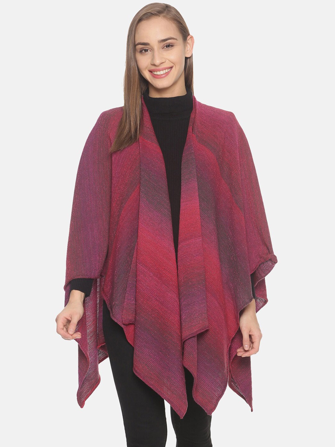

513 Women Pink & Grey Striped Acrylic Kimono Shrug