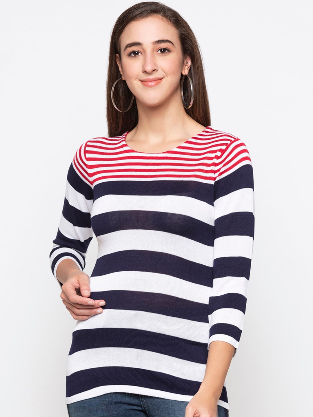 

Globus Women Red & Navy Blue Striped Top