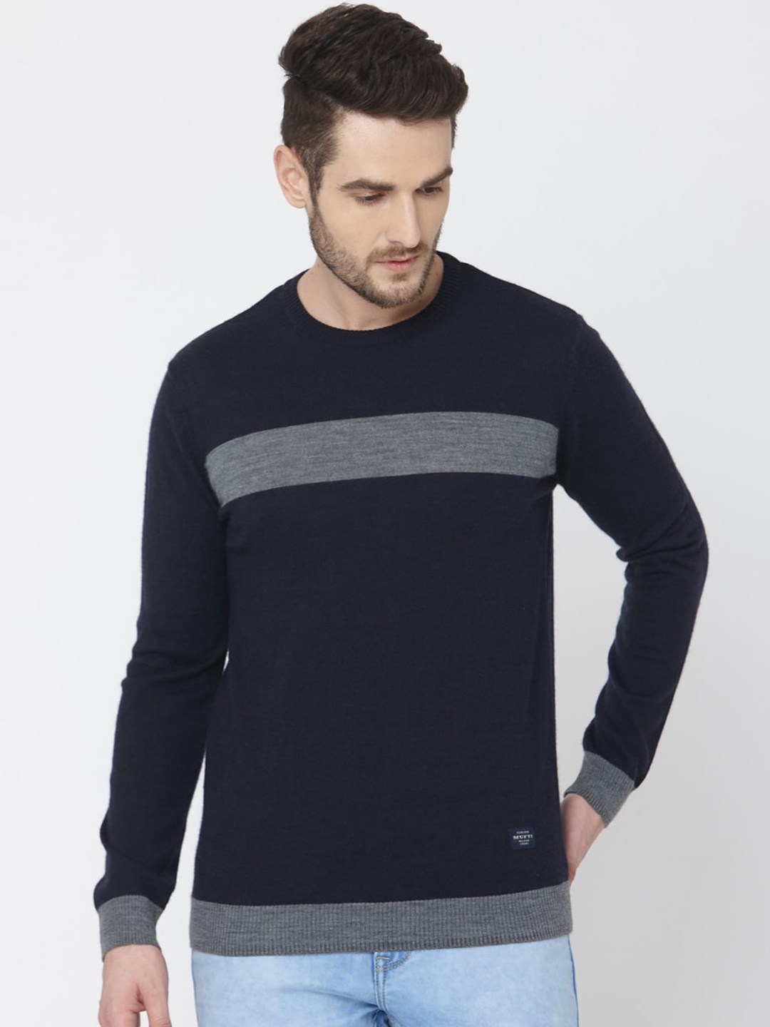 Mufti Men Navy Blue Solid Pullover Sweater