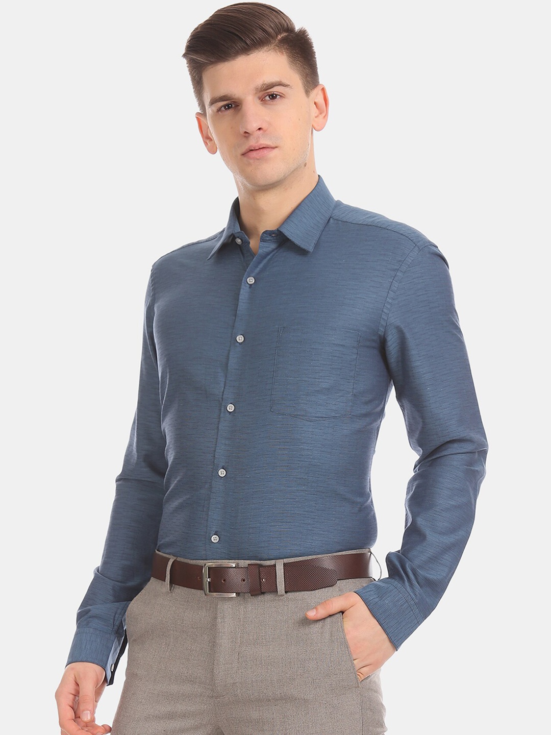 

Arrow Men Blue & Black Slim Fit Self Design Formal Shirt