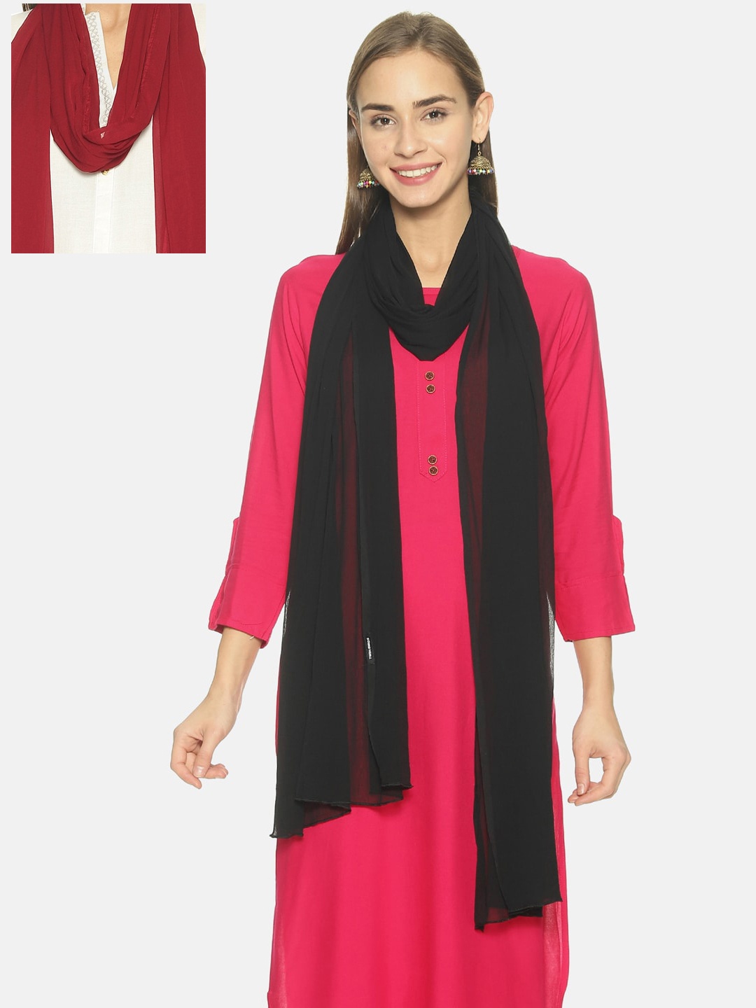 

TWIN BIRDS Set Of 2 Solid Nylon chiffon Light-weight Dupatta, Black