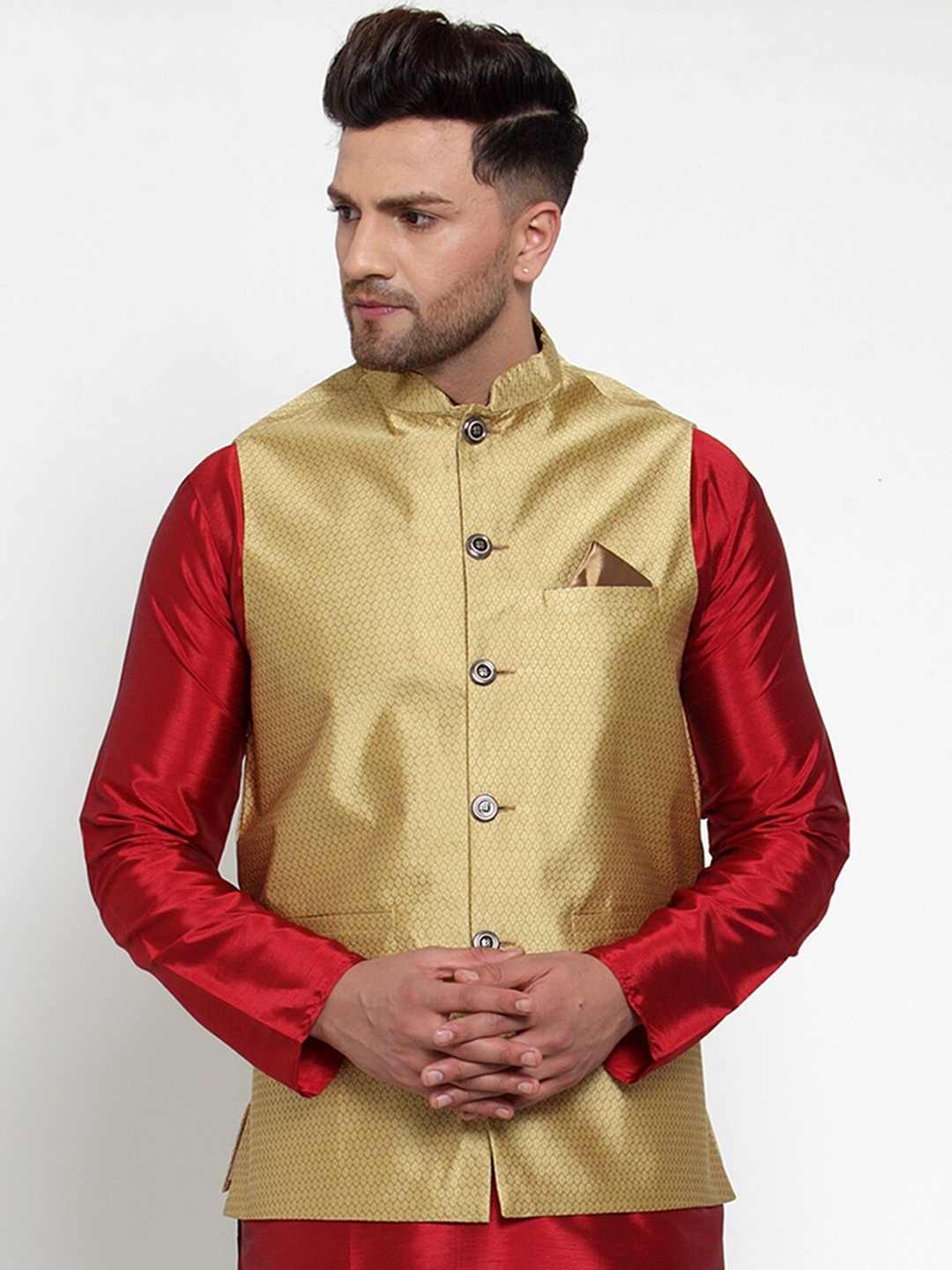 

Jompers Men Gold-Coloured Woven Design Regular Fit Nehru Jacket