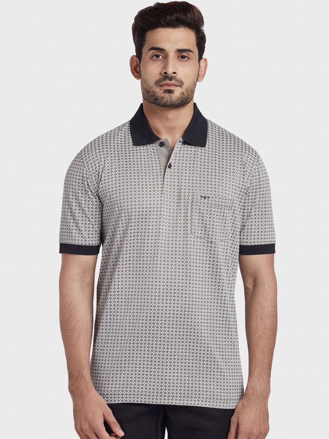 

ColorPlus Pocket Geometric Printed Polo Collar Cotton T-shirt, White
